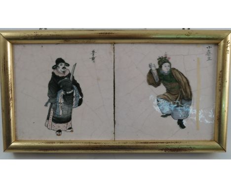 Four framed pottery tiles, each decorated with an Oriental figure and script, each tile 5ins x 5insCondition Report:  crazed 