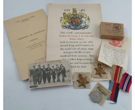 Stoker 1st Class J. A. Harrison Royal Navy, three medals to include War Medal 1939-1945, the 1939-1945 Star and the African S