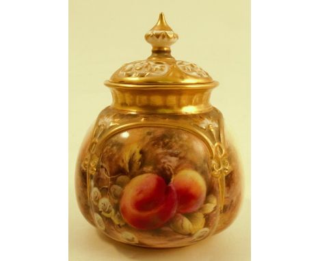 A Royal Worcester covered pot pourri, the quarter lobed body decorated with a panel of fruit to a mossy background by Love, s