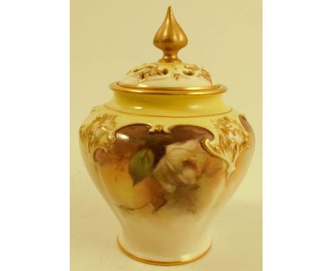 A&nbsp; Royal Worcester covered quarter lobed vase, in the Hadley style, decorated with roses to a tinted yellow border, circ