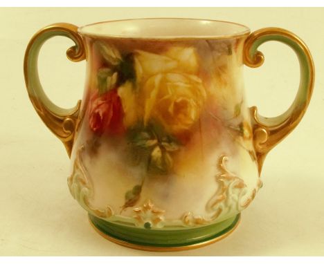 A Hadleys Worcester two handled mug, decorated with roses, height 3.25insCondition Report:  Minor gilding loss to top of rim