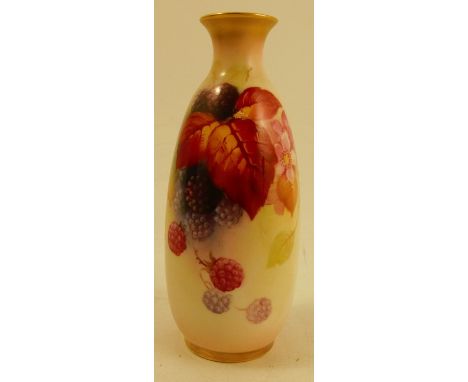A Royal Worcester slender vase, decorated with blackberries and autumn leaves by Blake, circa 1935, shape number 2491, height