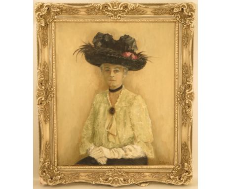 G Potter, oil on canvas, portrait of a lady in a black hat, 24ins x 20ins