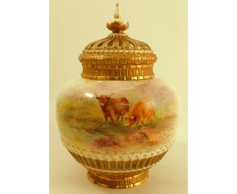 A Royal Worcester crown top pot pourri, decorated with Highland cattle in a landscape with a vignette to the reverse, by Edwa
