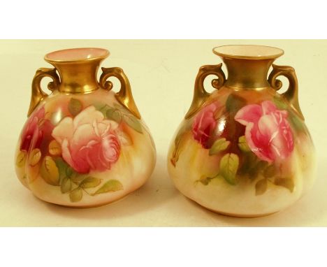 Two similar Royal Worcester quarter lobed vases, decorated with roses, one signed M Hunt, circa 1910 and 1941, shape number H