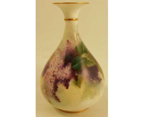 A Royal Worcester vase, of elongated onion shape, decorated with lilac by Blake, circa 1908, shaped number H293, height 7insC