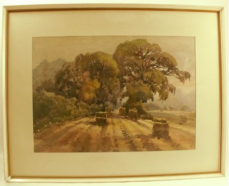 K Burtonshaw, watercolour, rural landscape, bales stacked in a field with trees, signed and dated Aug 1971, 14ins x 20ins