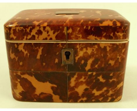 A 19th century tortoiseshell tea caddy, of rectangular form, the interior having one covered compartment, 5ins x 3ins x 3.5in