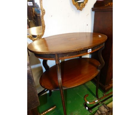 A MAHOGANY INLAID TWO TIER OCCASIONAL TABLE