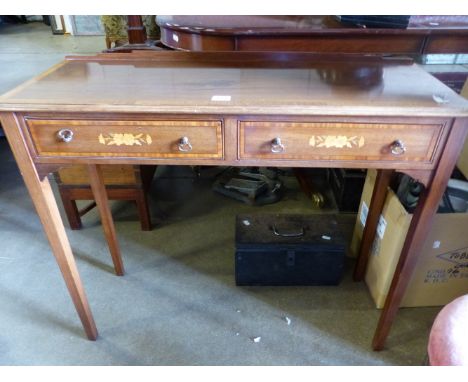 A MAHOGANY AND INLAID TWO DRAWER HALL TABLE.