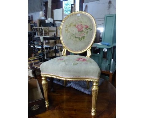 A 19TH CENTURY GILT SIDE CHAIR WITH TAPESTRY UPHOLSTERED SEAT