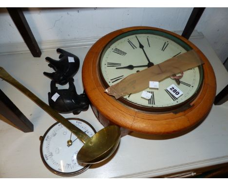 A VINTAGE WALL CLOCK A BRASS LADLE ETC