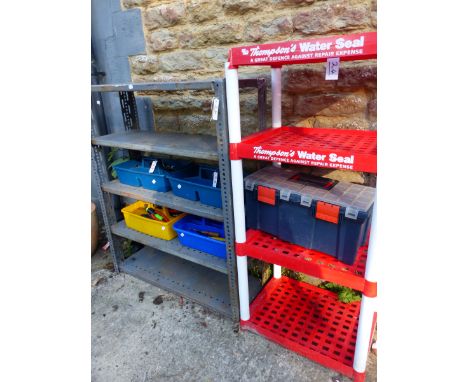 TWO SHELF UNITS AND A QUANTITY OF TOOLS.