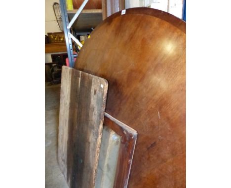 A LARGE CIRCULAR TABLE TOP, A PINE TABLE TOP AND VARIOUS TIMBERS