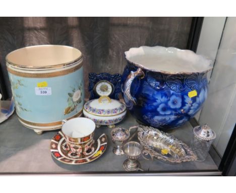 A Georgian silver mounted faceted glass jar, other small plated wares, two ceramic jardinieres and other ceramics, as found