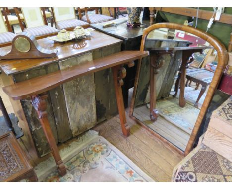 A Victorian mahogany arched wall mirror, formerly from a cheval mirror 95cm x 66cm and a wall shelf with scroll carved bracke