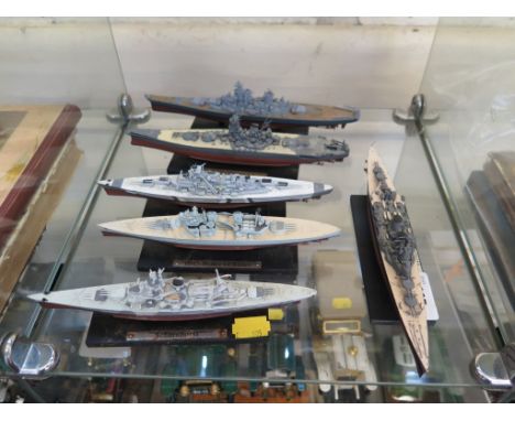 Six scale models of battleships: Scharnhorst, HMS Prince of Wales, Bismarck, UN Yaniato, USS Missouri and HMS Hood, 21cm long