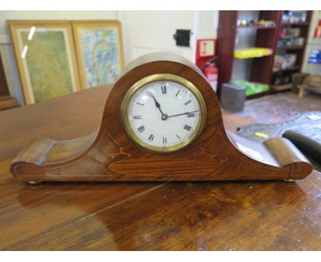 An Edwardian inlaid walnut admiral hat clock, with white enamel dial and single train French movement 38.5cm wide
