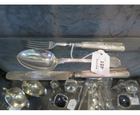 A Georgian silver knife, fork and spoon set by George Unite
