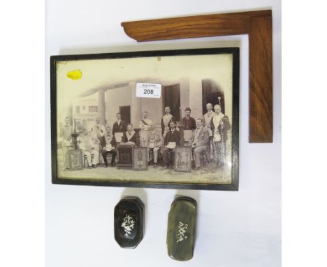 A horn and papier mache snuff box, 9cm wide, inset with Masonic symbols, an oak square, a photograph of Lodge officers and ca
