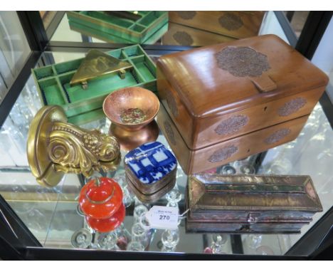 A wooden box with carved decoration and fitted interiors, brass letter rack, clock stand bracket, oblong brass and copper box