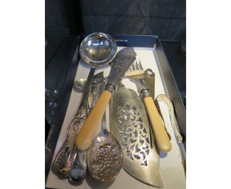Nine various silver plated flatware items including fish servers, ladle, butter knife, tongs etc