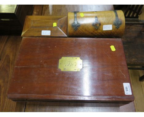 A 19th century mahogany writing box, with initialled brass plaque 40cm wide, a Victorian brass bound tea caddy converted into