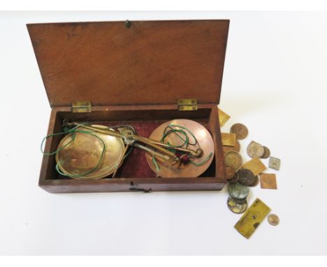 A set of early pan scales in original wooden box