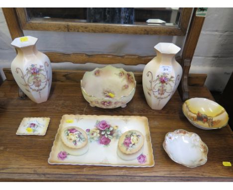 A pair of Crown Ducal blush vases, 24cm high and other similar dressing table wares