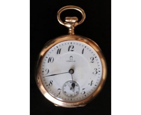 14ct Gold Open Face Omega Fob Watch, White Enamel Dial, Arabic Numerals, Subsidiary Seconds, Dial, Movement And Case Stamped 
