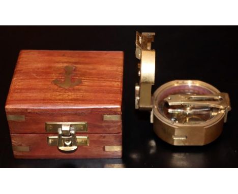 Brass Stanley London Natural Sine Compass, Stanley, Natural Sine Compass In A Teak Wood Hinged Box Inlaid With A Brass Anchor