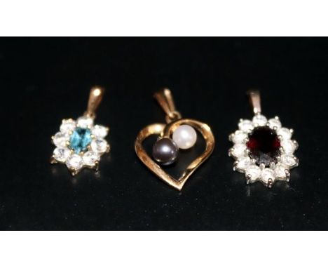 18ct Sapphire And Diamond Pendant, 9ct Gold Topaz &amp; White Stone Pendant, And 1 Hallmarked 9ct Gold Pearl Pendant 