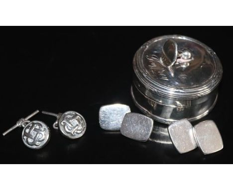 Lidded Silver Cufflink Box With Cufflink Finial, Lid Engraved Geoffrey. Together With Two Pairs Of Silver Cufflinks, 4.5cm Di