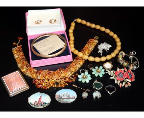 Mixed Lot To Include Amber Coloured Beads, White Metal Guilloche Enamel Cigarette Case, Exquisite Large Poppy Brooch, Bohm Ea