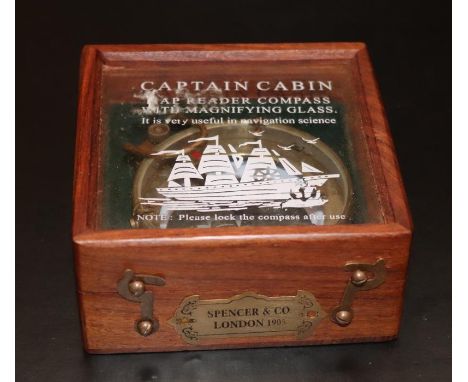 Spencer &amp; Co Brass Compass In Wooden Box 'Captain Cabin Map Reader Compass With Magnifying Glass' Brss Plate 'Spencer &am