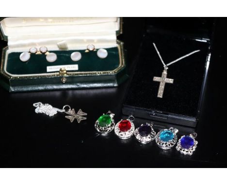 Small Mixed Jewellery Lot Comprising, 2 Silver Crosses On Silver Chains,  5 Silver Pendants And A Boxed Mother Of Pearl Butto