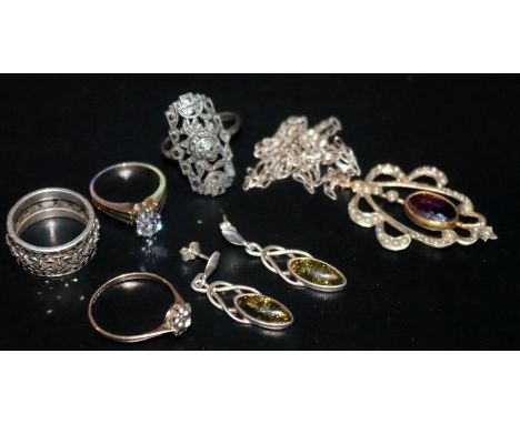 Small Mixed Silver Lot Comprising Rings, Earrings And A Silver Chain With Yellow Metal Stone And Seed Pearl Set Pendant 