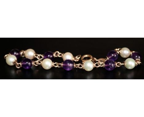 9ct Gold Amethyst And Pearl Bracelet Set With Alternating Amethysts And Seed Pearls With Gold Chain Links, Length 7 Inches, W