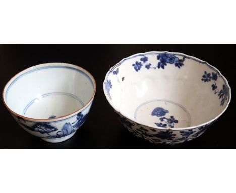 Chinese Kangxi Blue &amp; White Footed Bowl, Lingzhi Fungus Mark To Base, Diameter 4.5 Inches, Height 3 Inches. Together With