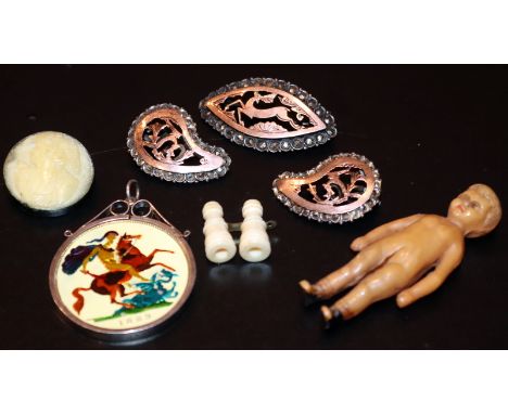 Small Mixed Lot Comprising 1889 Silver Enamel Crown In Mount, Silver, Marcasite &amp; Gold Brooch And Clip On Earring Set Dep