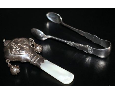 EPNS Mother Of Pearl Handled Rattle Together With A Pair Of Fully Hallmarked Silver Sugar Nips 