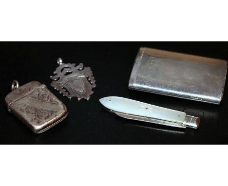 Small Mixed Silver Lot Comprising A Medallion/Fob, Sliding Vesta Case Stamped Inside With Compliments James McLean, Glasgow, 