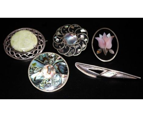 Collection Of 5 Silver Brooches To Include Scottish Hardstone, Alpaca Mexico, Abalone, Mother Of Pearl, Largest 1.5 Inches Ac