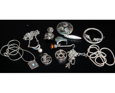 Collection Of Hallmarked Silver Jewellery, Comprising Abalone Inlaid Brooches, Antique Scottish Silver Button Hook, Four Chai