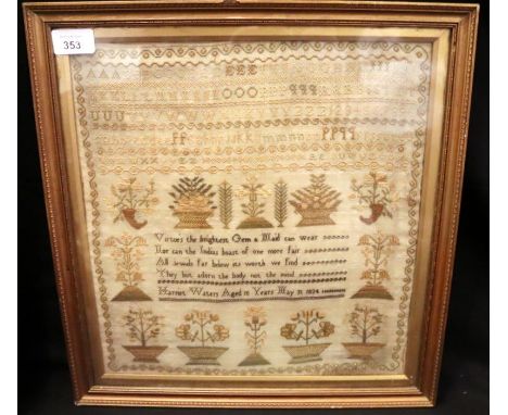1834 William IV Needlework Sampler, Alphabet, Floral And Verse By Harriet Waters Aged 10 Years May 31 1834, Overall Good Cond