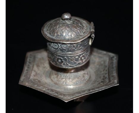 Continental Silver Desk Inkwell, Chased Decoration, Raised On Tripod Feet With Hexagonal Tray And Lidded Goblet Inkwell, Heig