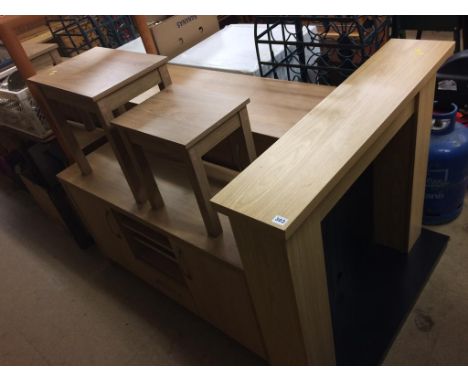 Two modern base units, two occasional tables, mirror and fire surround (6)