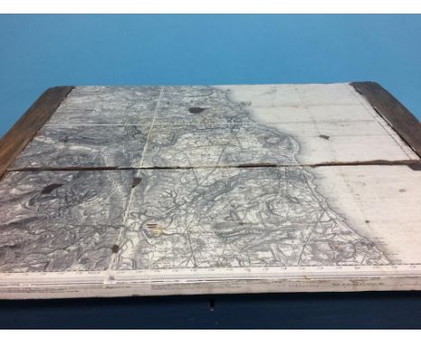 A painted pine table, with North East ordnance survey map on the top, 66cm width 