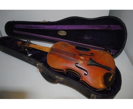 Violin, full size with 'Vuillaume a Paris' stamped on the back, needing attention, no bridge and finger board well worn but n