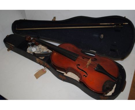 Violin, full size in reasonable condition with some scratched initials on the body and missing strings supplied by Maurice Pi